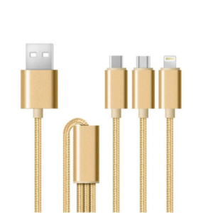 Data cable, DeTech, 3in1, Micro USB, Type-C, Lightning (iPhone 5/6/7), Braided, Gold - 14456