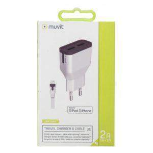 MUVIT MFI TRAVEL CHARGER 2 USB PORTS 2.4A + CABLE LIGHTNING 1m white