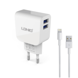Network charger, LDNIO DL-AC56, 5V/2.1A, 2 USB Ports, Lightning (iPhone 5/6/7) cable, White - 14462