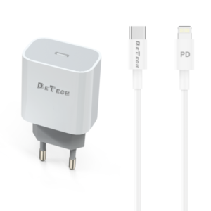 Network charger DeTech DE-30PDL, 5V/3.0A 220V, 1 x Type-C F, PD, Type-C to Lightning cable, White - 40116