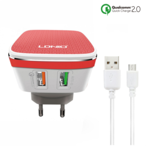 Network charger, LDNIO A2405Q, Quick Charge 2.0, 2 USB Ports, Micro USB Cable, White - 14467