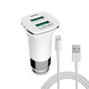 Car socket charger, LDNIO C301, 5V/3.6A, Universal , 2xUSB, With cable for iPhone 5/6/7SE, White - 14375