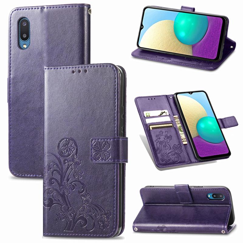 For Samsung Galaxy A02 Four-leaf Clasp Embossed Buckle Mobile Phone Protection Leather Case with Lanyard & Card Slot & Wallet & Bracket Function(Purple) (OEM)