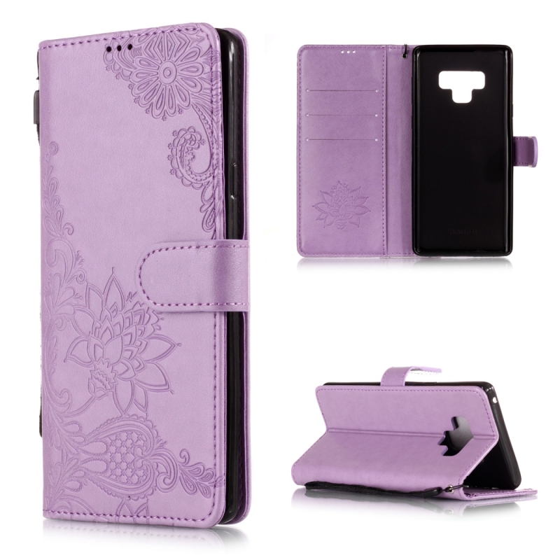 Vintage Embossed Floral Lace Flower Pattern Horizontal Flip Leather Case for Galaxy Note 9, with Card Slot & Holder & Wallet & Lanyard (Purple) (OEM)