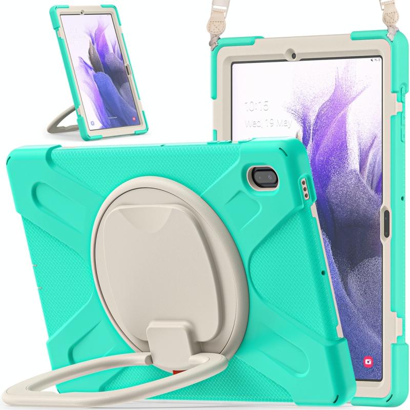 For Samsung Galaxy Tab S7 FE T730 Silicone + PC Protective Case with Holder & Shoulder Strap(Mint Green) (OEM)