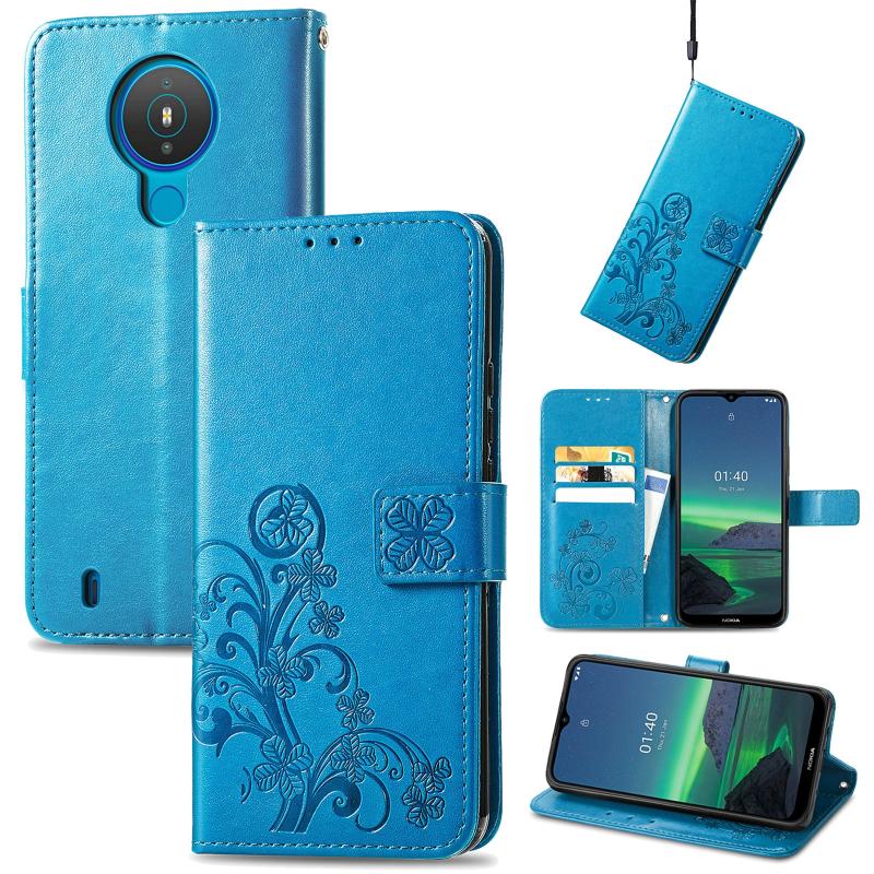 For Nokia 1.4 Four-leaf Clasp Embossed Buckle Mobile Phone Protection Leather Case with Lanyard & Card Slot & Wallet & Bracket Function(Blue) (OEM)