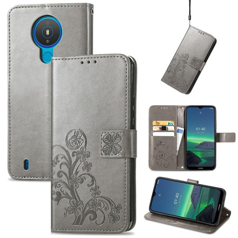 For Nokia 1.4 Four-leaf Clasp Embossed Buckle Mobile Phone Protection Leather Case with Lanyard & Card Slot & Wallet & Bracket Function(Gray) (OEM)