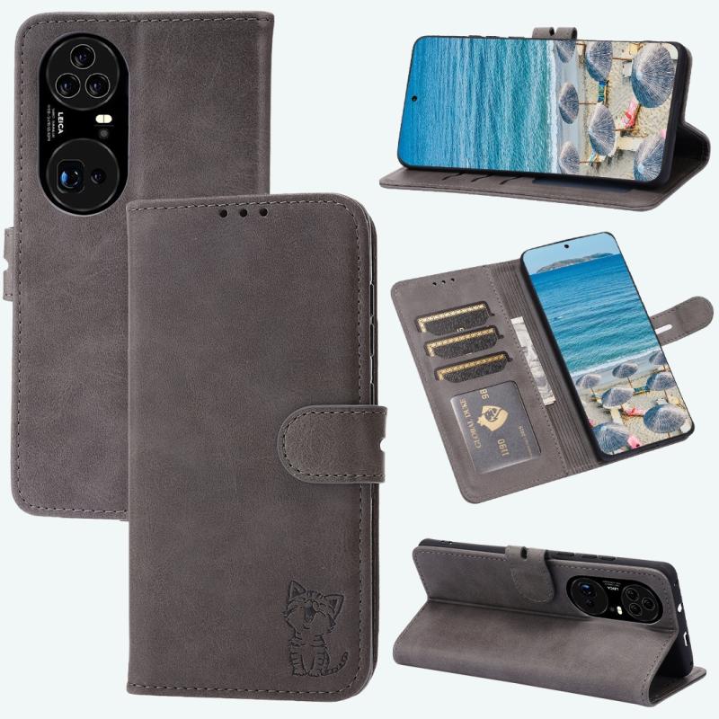 For Huawei P50 Pro Embossed Happy Cat Pattern Horizontal Flip Leather Case with Holder & Card Slots & Wallet(Grey) (OEM)