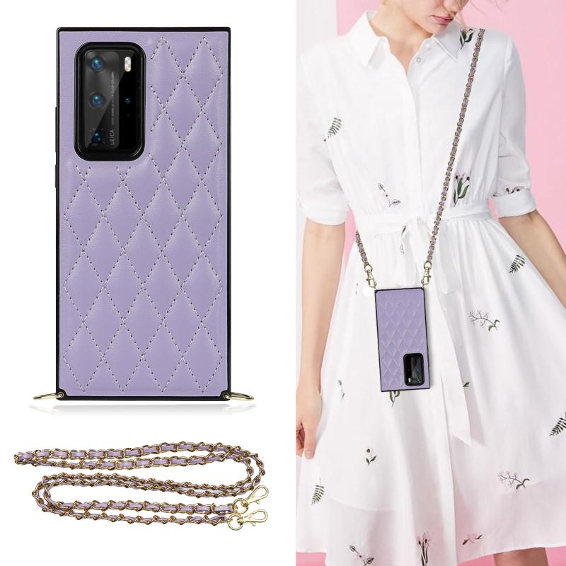 For Huawei P40 Pro Elegant Rhombic Pattern Microfiber Leather +TPU Shockproof Case with Crossbody Strap Chain(Purple) (OEM)