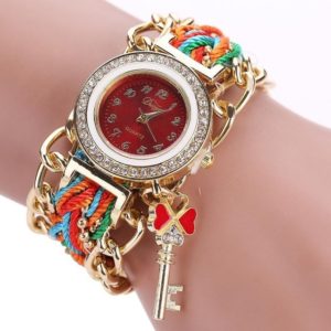 Women Round Dial Diamond Braided Hand Strap Quartz Watch with Key Pendant(red) (OEM)