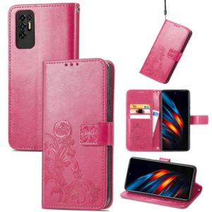 For Tecno Pova 2 Four-leaf Clasp Embossed Buckle Mobile Phone Protection Leather Case with Lanyard & Card Slot & Wallet & Bracket Function(Magenta) (OEM)