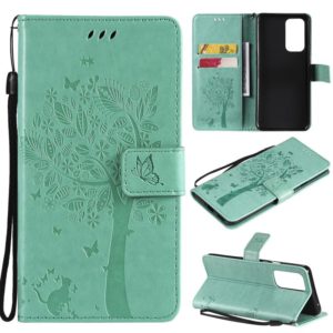 For OnePlus 9 Pro Tree & Cat Pattern Pressed Printing Horizontal Flip PU Leather Case with Holder & Card Slots & Wallet & Lanyard(Green) (OEM)