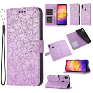 For Xiaomi Redmi Note 7 Skin Feel Embossed Sunflower Horizontal Flip Leather Case with Holder & Card Slots & Wallet & Lanyard(Purple) (OEM)