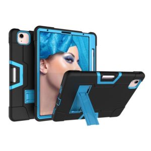 For iPad Air 2022 / 2020 10.9 Contrast Color Robot Shockproof Silicon + PC Protective Case with Holder & Pen Slot(Black + Blue) (OEM)