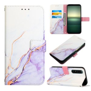 For Sony Xperia 1 IV PT003 Marble Pattern Flip Leather Phone Case(White Purple LS006) (OEM)