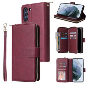 For Samsung Galaxy S21 FE Zipper Wallet Bag Horizontal Flip PU Leather Case with Holder & 9 Card Slots & Wallet & Lanyard & Photo Frame(Red Wine) (OEM)