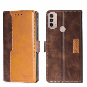 For Motorola Moto E40 Contrast Color Side Buckle Leather Phone Case(Dark Brown + Gold) (OEM)
