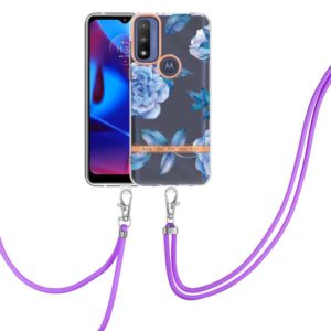 For Motorola Moto G Pure Flowers Series TPU Phone Case with Lanyard(Blue Peony) (OEM)