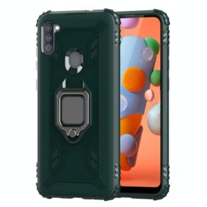 For Samsung Galaxy M11 Carbon Fiber Protective Case with 360 Degree Rotating Ring Holder(Green) (OEM)