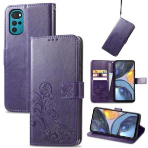 For Motorola Moto G22 Four-leaf Clasp Embossed Buckle Leather Phone Case(Purple) (OEM)