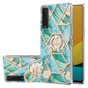 For LG Stylo 7 5G Electroplating Splicing Marble Flower Pattern TPU Shockproof Case with Rhinestone Ring Holder(Blue Flower) (OEM)