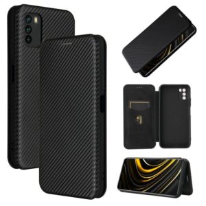 For Xiaomi Poco M3 Carbon Fiber Texture Horizontal Flip TPU + PC + PU Leather Case with Card Slot(Black) (OEM)
