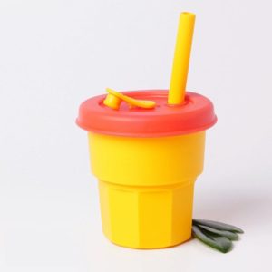 Children Silicone Straw Cups Drop And High Temperature Resistant Water Cups Yellow Cup + Red Cover(400ml) (OEM)