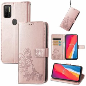 For Ulefone Note 11 Plus Four-leaf Clasp Embossed Buckle Mobile Phone Protection Leather Case with Lanyard & Card Slot & Wallet & Bracket Function(Rose Gold) (OEM)