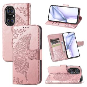 For Huawei P50 Pro Butterfly Love Flowers Embossed Horizontal Flip Leather Case with Holder & Card Slots & Wallet & Lanyard(Rose Gold) (OEM)