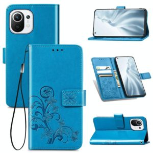 For Xiaomi Mi 11 Four-leaf Clasp Embossed Buckle Mobile Phone Protection Leather Case with Lanyard & Card Slot & Wallet & Bracket Function(Blue) (OEM)