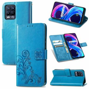 For OPPO Realme 8 / 8 Pro Four-leaf Clasp Embossed Buckle Mobile Phone Protection Leather Case with Lanyard & Card Slot & Wallet & Bracket Function(Blue) (OEM)