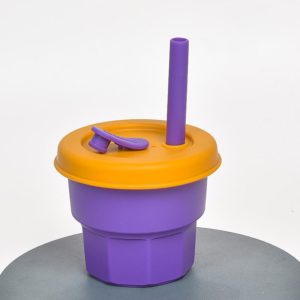 Children Silicone Straw Cups Drop And High Temperature Resistant Water Cups Purple Cup +Turmeric Cover(300ml) (OEM)
