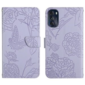 For Motorola Moto G 5G 2022 Skin Feel Butterfly Peony Embossed Leather Phone Case(Purple) (OEM)