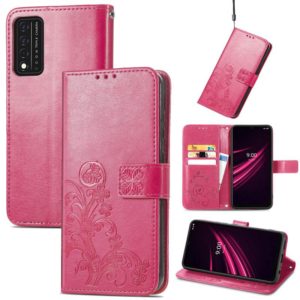 For T-Mobile REVVL V+ 5G Four-leaf Clasp Embossed Buckle Mobile Phone Protection Leather Case with Lanyard & Card Slot & Wallet & Bracket Function(Magenta) (OEM)