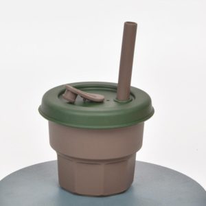 Children Silicone Straw Cups Drop And High Temperature Resistant Water Cups Brown Cup+Ink Green Cover(300ml) (OEM)