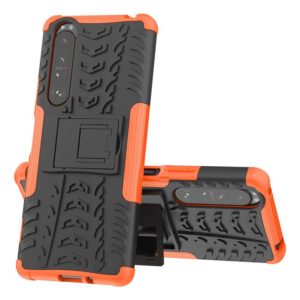 For Sony Xperia 1 III Tire Texture Shockproof TPU+PC Protective Case with Holder(Orange) (OEM)