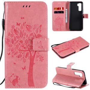 For Huawei Nova 7 SE Tree & Cat Embossed Pattern Horizontal Flip Leather Case with Holder & Card Slots & Wallet & Lanyard(Pink) (OEM)