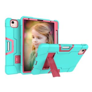 For iPad Air 2022 / 2020 10.9 Contrast Color Robot Shockproof Silicon + PC Protective Case with Holder & Pen Slot(Mint Green + Rose Red) (OEM)