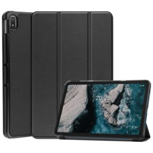 For Nokia T20 Three-folding Holder Custer Texture Leather Tablet Case(Black) (OEM)