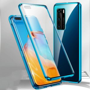 For Huawei P40 Magnetic Metal Frame Double-sided Tempered Glass Case(Dark Blue) (OEM)