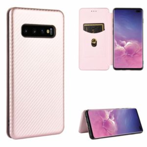 For Samsung Galaxy S10 Plus Carbon Fiber Texture Horizontal Flip TPU + PC + PU Leather Case with Rope & Card Slot(Pink) (OEM)