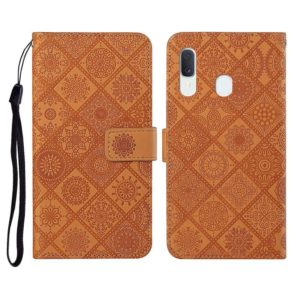 For Samsung Galaxy A40 Ethnic Style Embossed Pattern Horizontal Flip Leather Case with Holder & Card Slots & Wallet & Lanyard(Brown) (OEM)