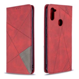 For Galaxy A11 Rhombus Texture Horizontal Flip Magnetic Leather Case with Holder & Card Slots & Wallet(Red) (OEM)