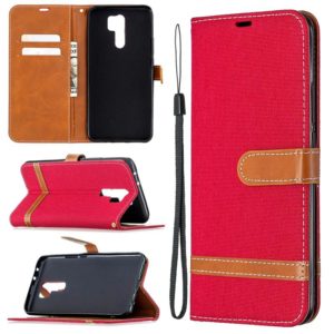 For Xiaomi Redmi 9 Color Matching Denim Texture Horizontal Flip Leather Case with Holder & Card Slots & Wallet & Lanyard(Red) (OEM)