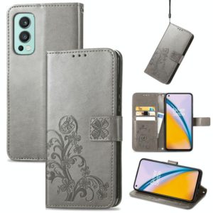 For OnePlus Nord 2 5G Four-leaf Clasp Embossed Buckle Mobile Phone Protection Leather Case with Lanyard & Card Slot & Wallet & Bracket Function(Grey) (OEM)