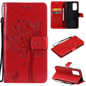 For OnePlus 9 Tree & Cat Pattern Pressed Printing Horizontal Flip PU Leather Case with Holder & Card Slots & Wallet & Lanyard(Red) (OEM)