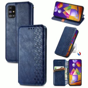 For Samsung Galaxy M31S Cubic Grid Pressed Horizontal Flip Magnetic PU Leather Case with Holder & Card Slots & Wallet(Blue) (OEM)