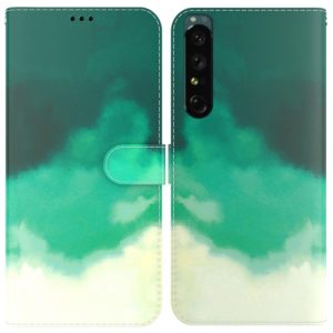 For Sony Xperia 1 IV Watercolor Pattern Flip Leather Phone Case(Cyan Green) (OEM)
