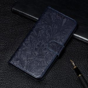 For Samsung Galaxy S21 FE Lace Flower Embossing Pattern Horizontal Flip Leather Case with Holder & Card Slots & Wallet & Photo Frame(Dark Blue) (OEM)