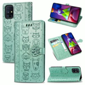 For Samsung Galaxy M51 Cute Cat and Dog Embossed Horizontal Flip Leather Case with Bracket / Card Slot / Wallet / Lanyard(Green) (OEM)